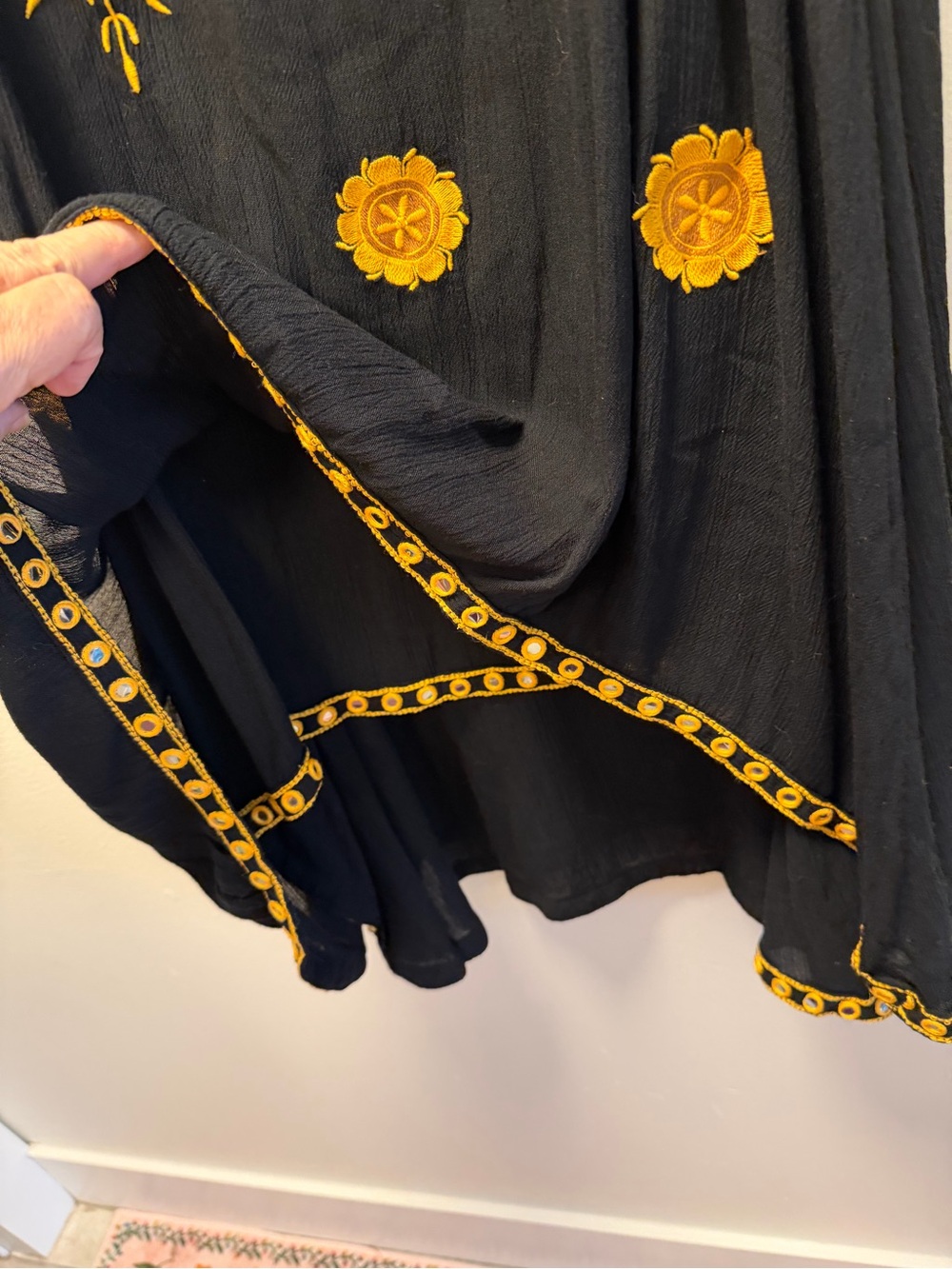L & B Black Rayon Md in India Strappy Sun Dress Criss Cross Back Gold Embroidery - Picture 3 of 9